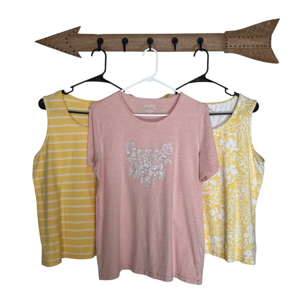 Lot Of 3 Coral Bay Tops Size Large Yellow Floral Stripe Pink Embroidered